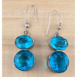 Vintage Hand-crafted Blue Glass Dangle Earrings Sterling Silver Double Stone